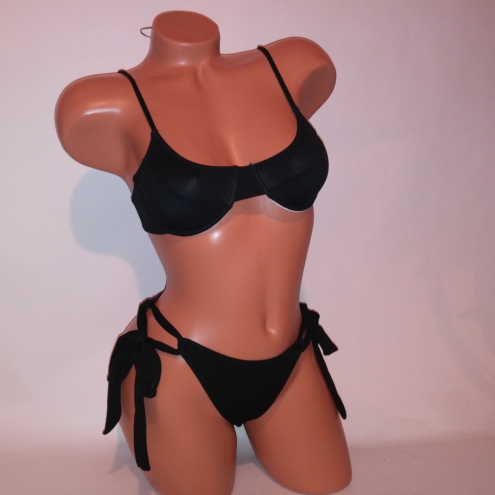 Shein Swim Bikini Small Top & Bottom Black Ribbed Solid Underwire